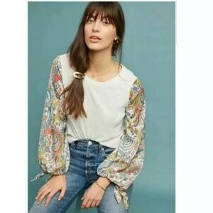 ANTHROPOLOGIE New Maybelle Tied-Sleeve Top, SIZE XS